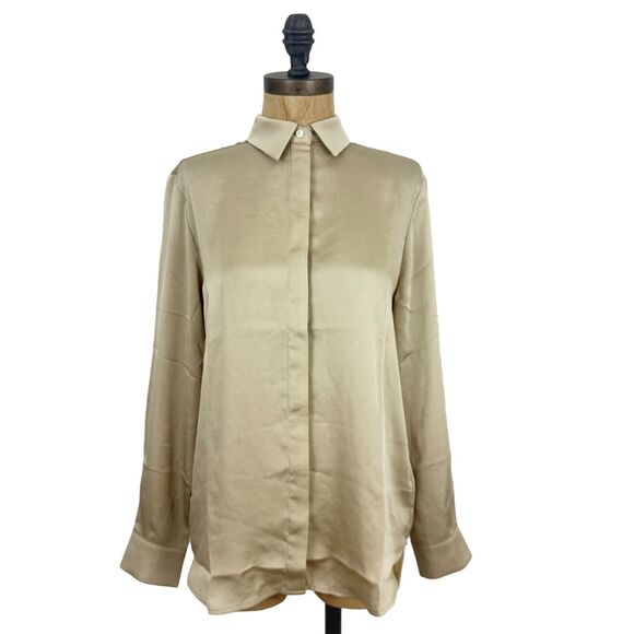 J.CREW Drapey Satin Button-Up Top XS Champagne Shirt Long Sleeve Work Formal B23 - Picture 2 of 8